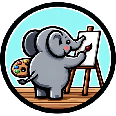 Logo: an elephant, turned towards an easel, painting